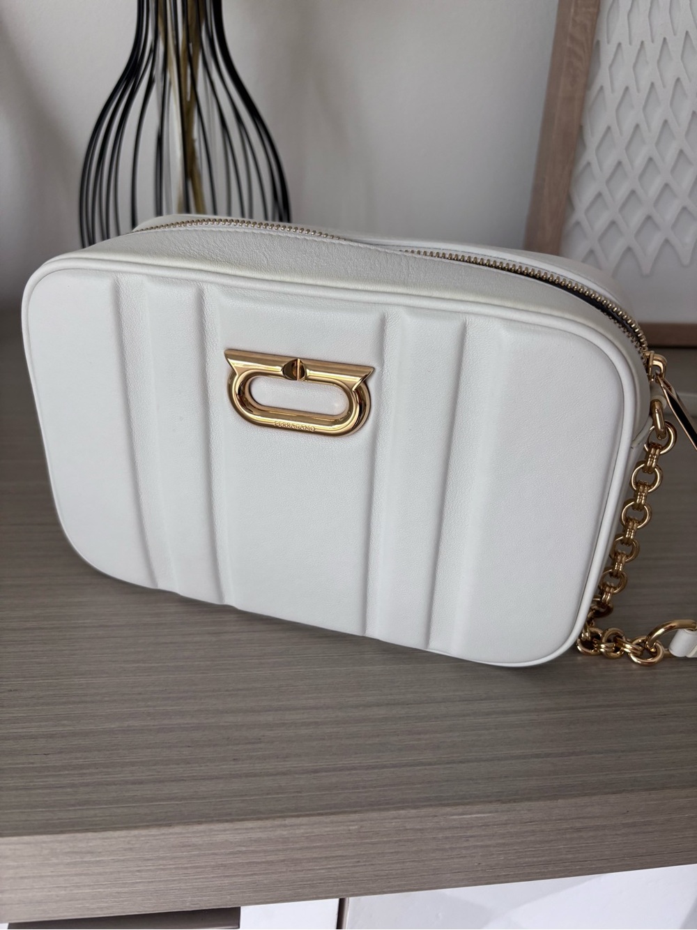 Salvatore Ferragamo White Leather Crossbody with Gold Hardware